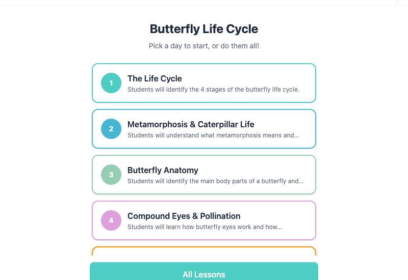 Student view with day picker showing 5 days of lessons