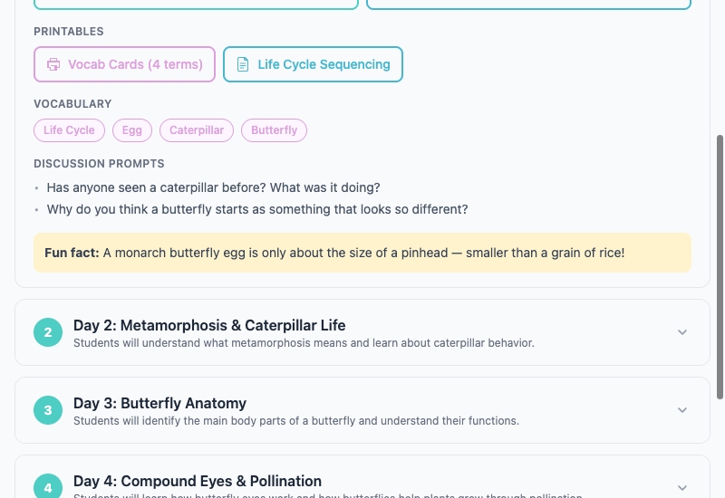 Printables, vocabulary tags, discussion prompts, and fun facts for each day