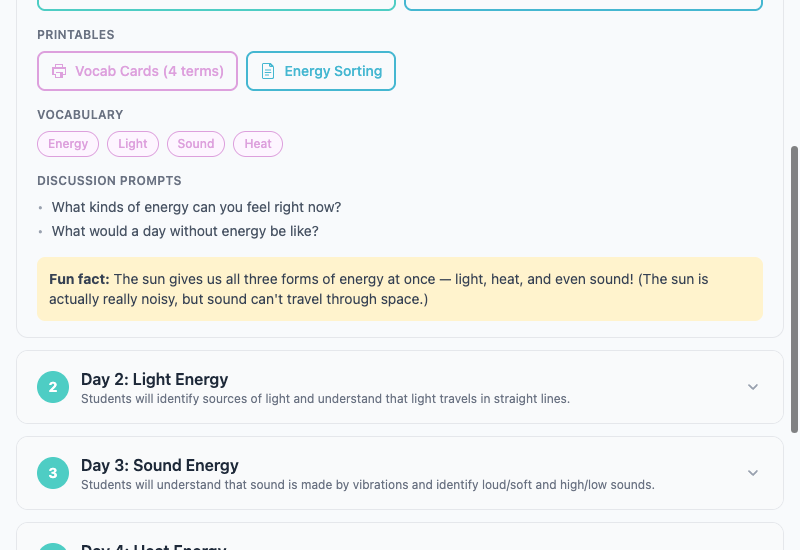Printables, vocabulary tags, discussion prompts, and fun facts for each day
