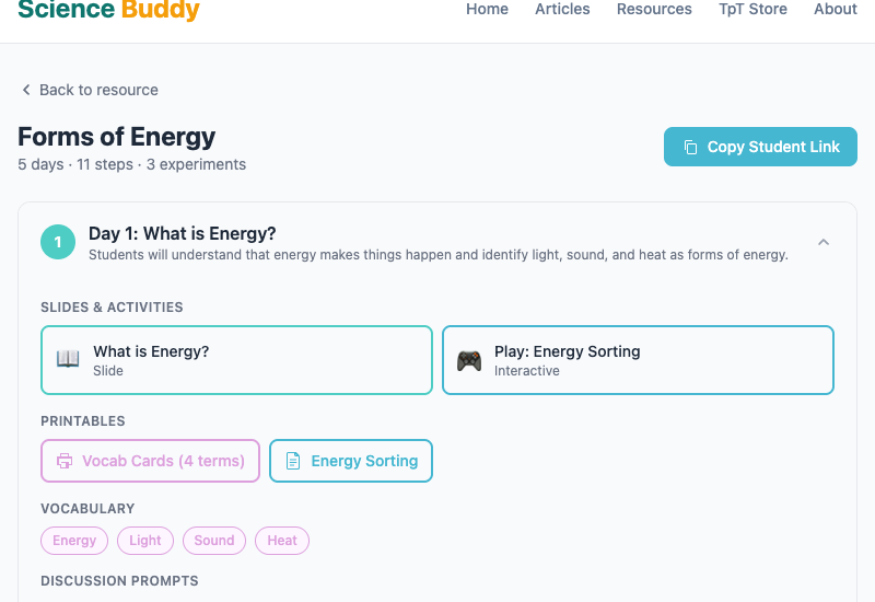 Teacher dashboard showing Day 1 with slides, activities, experiments, and printables