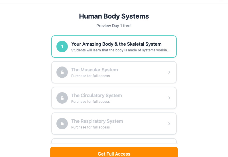 Student day picker showing 6 days of body systems content
