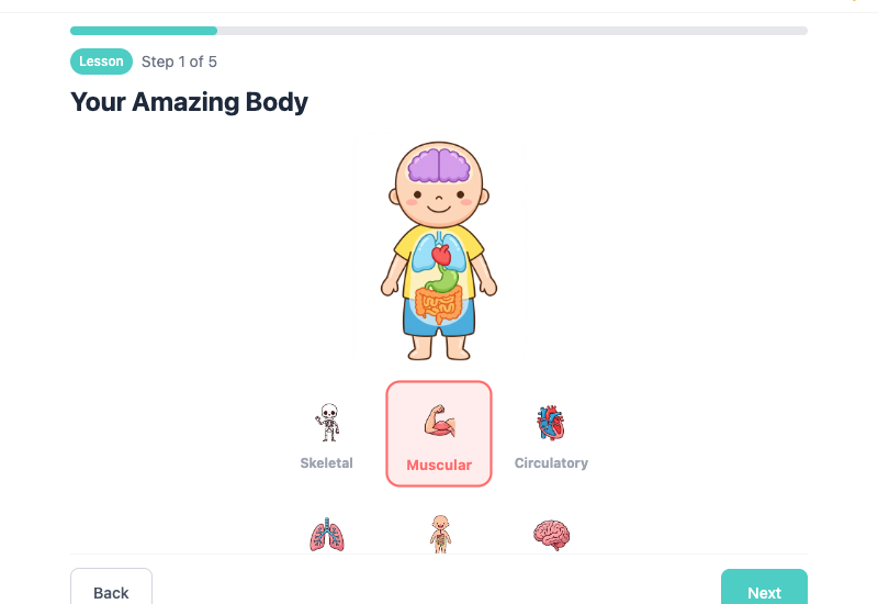 Introduction slide with animated body systems icons