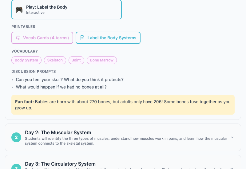 Teacher dashboard showing printables, vocabulary, and discussion prompts