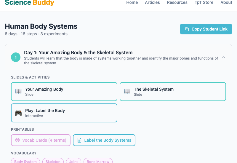 Teacher dashboard showing Day 1 overview with slides, activities, and printables