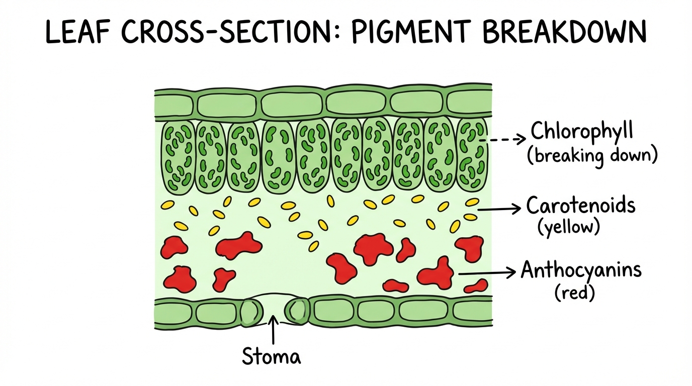 Labeled diagram showing leaf pigments — chlorophyll, carotenoids, and anthocyanins