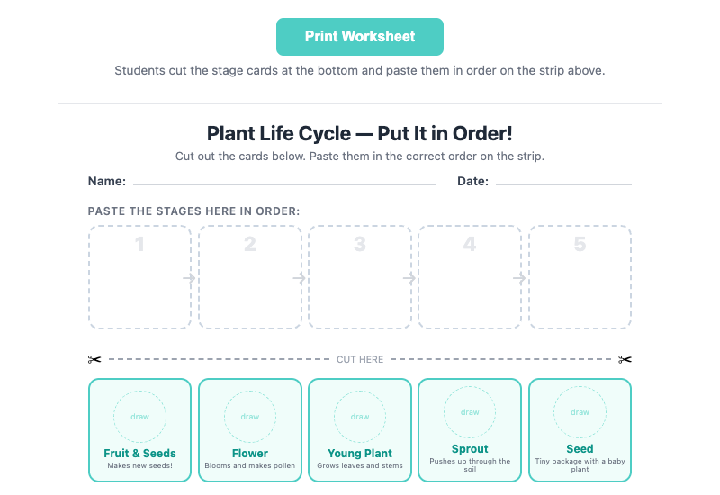 Printable cut-and-paste sequencing worksheet for plant life cycle