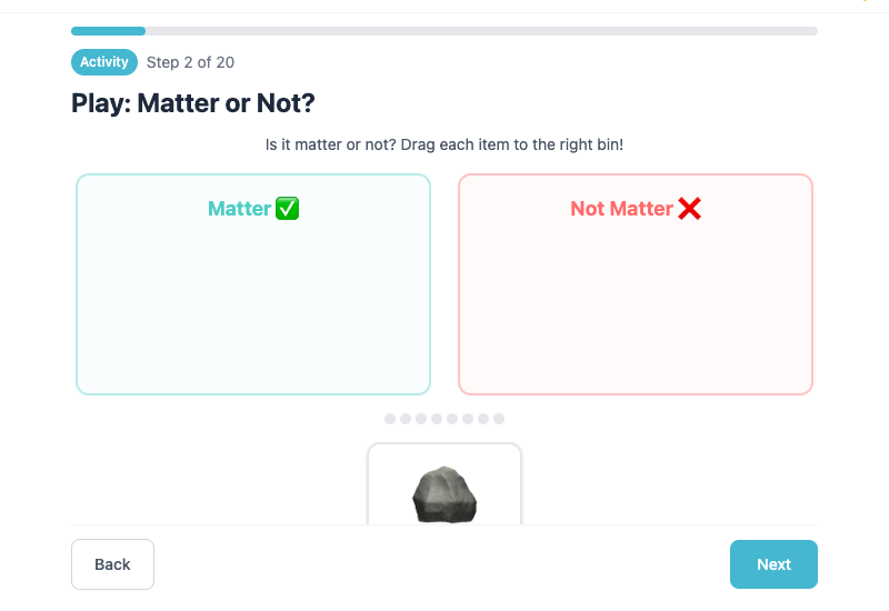 Students drag items into "Matter" and "Not Matter" bins