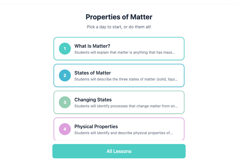Student day picker showing 7 days of matter content