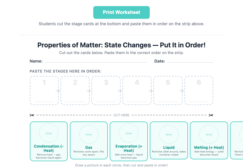 State Changes Sequencing printable worksheet