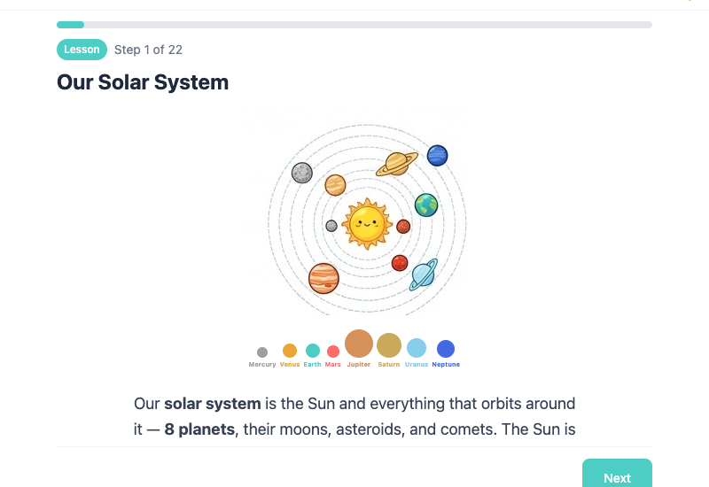 Student intro slide showing the solar system