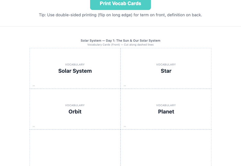 Printable vocabulary cards