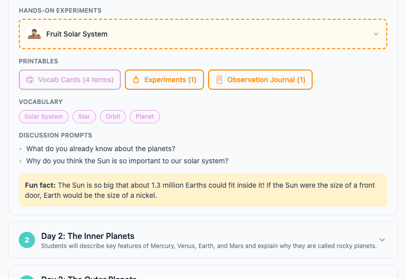 Teacher dashboard printables section