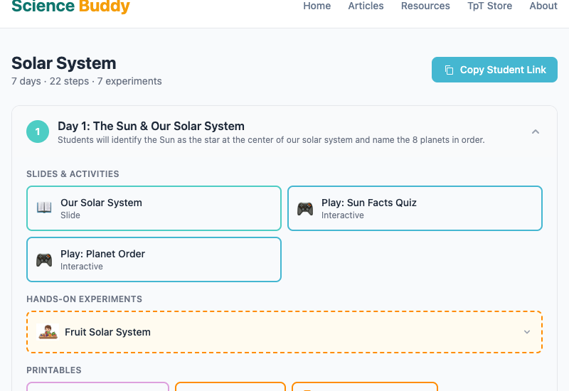 Teacher dashboard showing Day 1